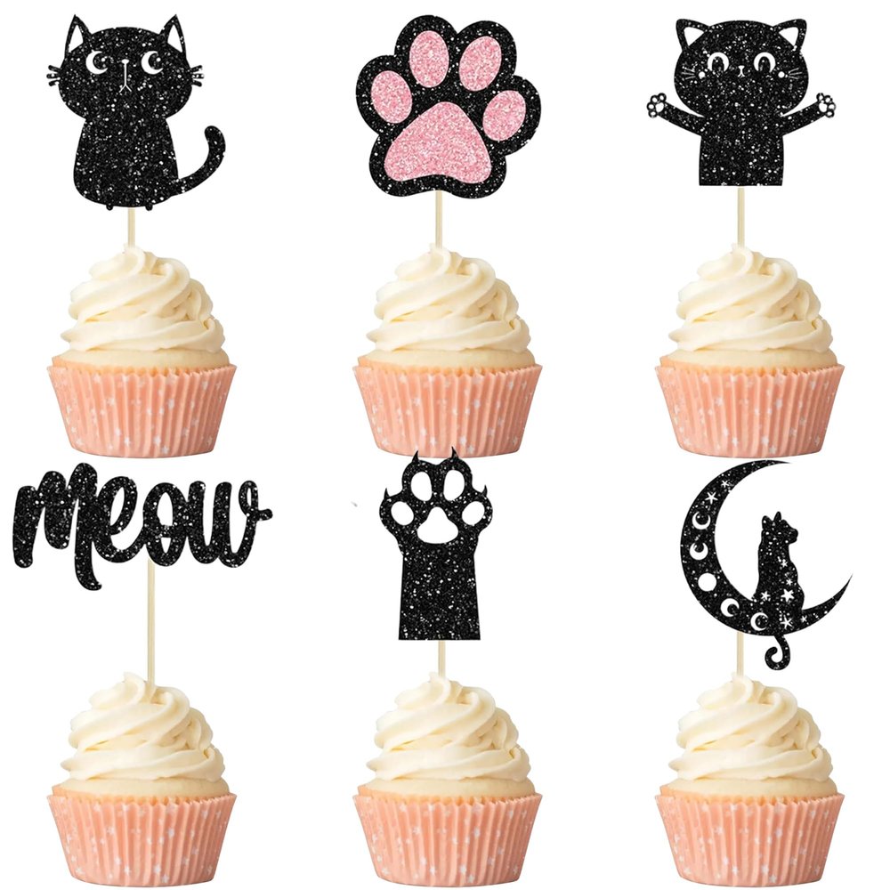 12 Pcs Cat Cupcake Topper, Black Glitter Cat Meow Cupcake Decoration for Cats Lover Kitten Theme Shower