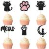 12 Pcs Cat Cupcake Topper, Black Glitter Cat Meow Cupcake Decoration for Cats Lover Kitten Theme Shower view 1