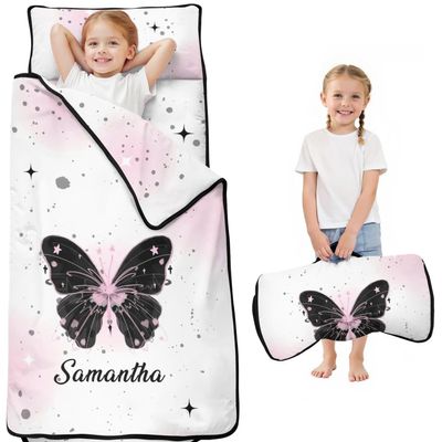 Personalized Toddler Nap Mat for Girls Custom Name Butterfly Sleeping Bag with Pillow & Blanket Soft & Portable for Daycare, Preschool & Kindergarten