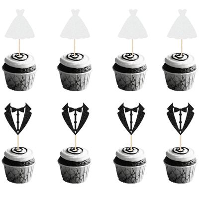 12-Piece Glitter Wedding Cupcake Topper Set - Bride & Groom Suit/Dress Decorations for Wedding Cakes, Anniversary Parties, Valentine's Day & Qixi Festival