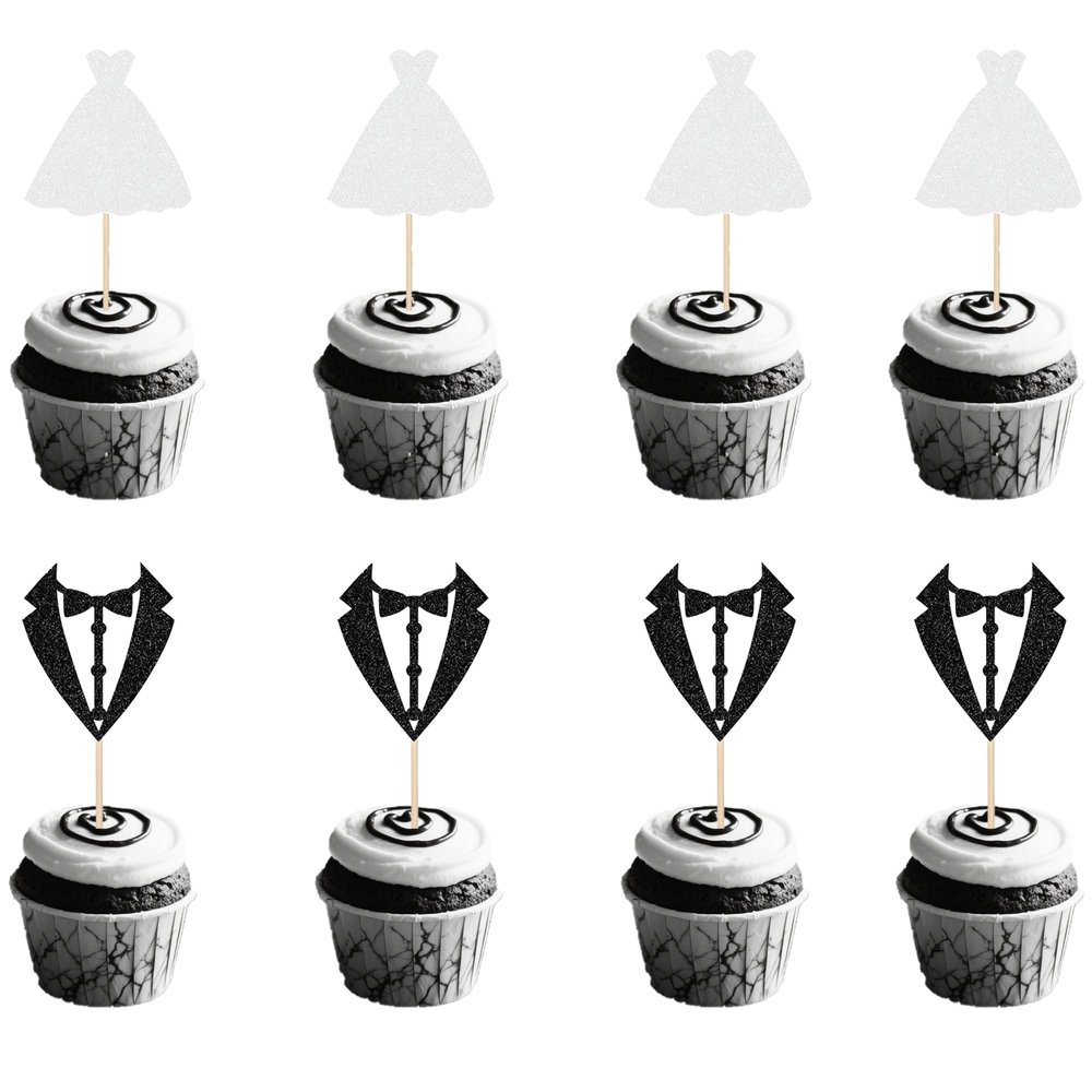 12-Piece Glitter Wedding Cupcake Topper Set - Bride & Groom Suit/Dress Decorations for Wedding Cakes, Anniversary Parties, Valentine's Day & Qixi Festival