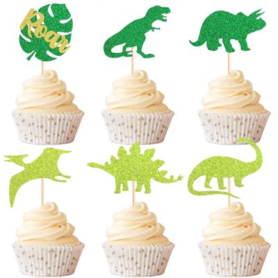 12 PCS Dinosaur Cupcake Topper Green Glitter Roar Dinosaur Cupcake Decoration Suitable for Dinosaurs Theme Party, Children's Birthday Party Cupcake Decorations