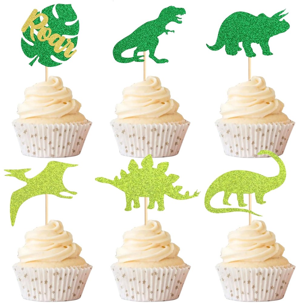 12 PCS Dinosaur Cupcake Topper Green Glitter Roar Dinosaur Cupcake Decoration Suitable for Dinosaurs Theme Party, Children's Birthday Party Cupcake Decorations