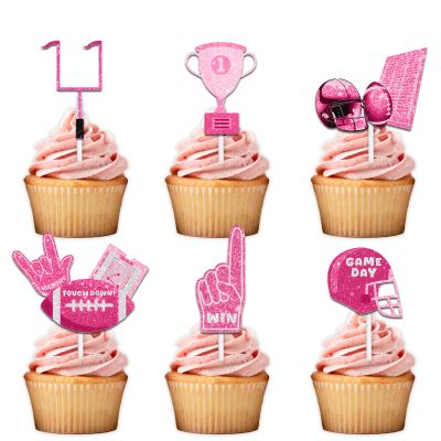18pcs Pink Glitter Dessert Cupcake Topper Pick for Rugby Ball Touchdown Sport Game Day Theme Decor Supplies Men Women Happy Birthday Party Decorations