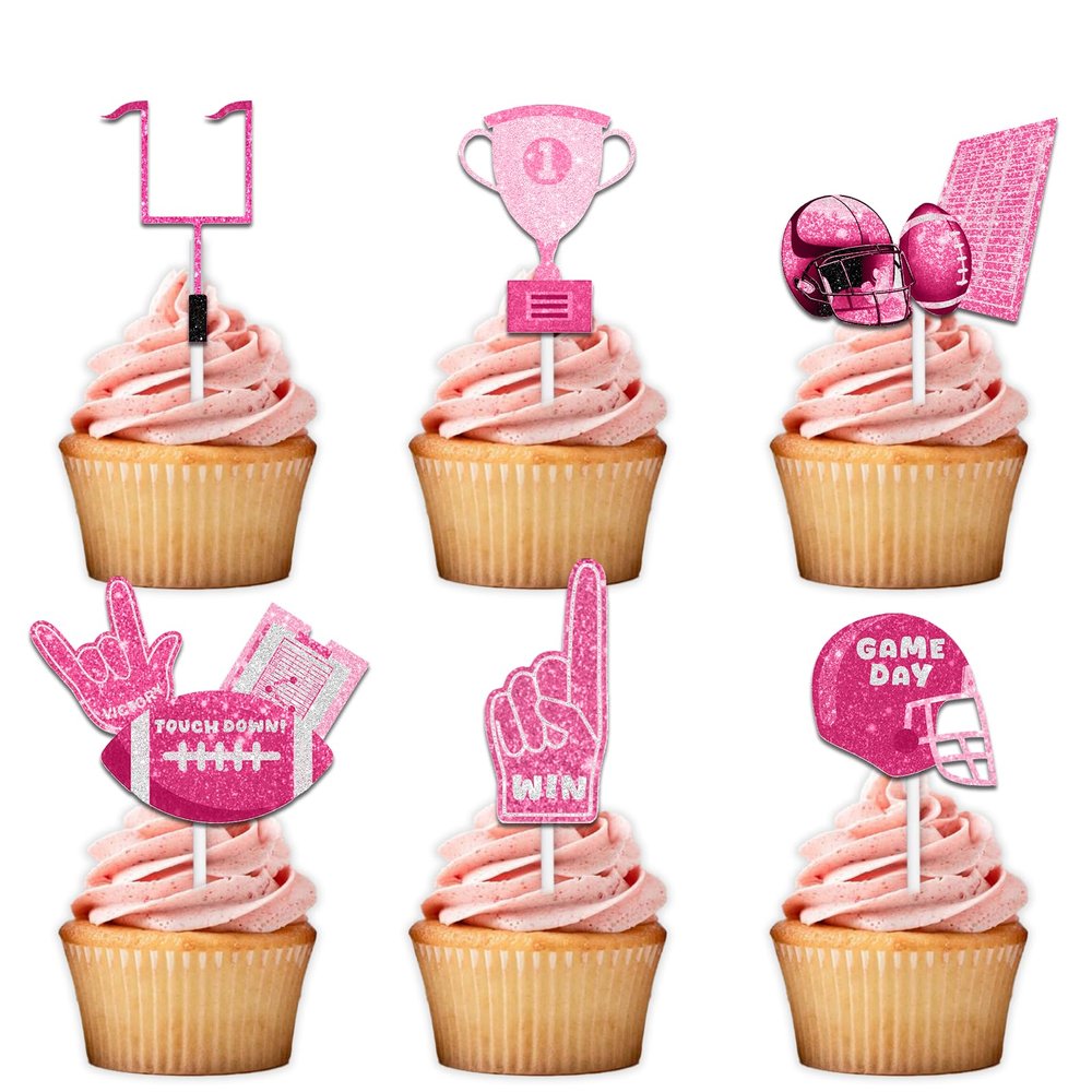 18pcs Pink Glitter Dessert Cupcake Topper Pick for Rugby Ball Touchdown Sport Game Day Theme Decor Supplies Men Women Happy Birthday Party Decorations