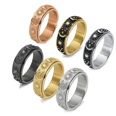 366DAYS 6Pcs 8MM Anxiety Rings Fidget Rings for Women - Sun Moon Star Spinner Rings in Stainless Steel, Multiple Colors, Smooth Spinning Outer Band, High Polished & Hypoallergenic (6pcs, 9)