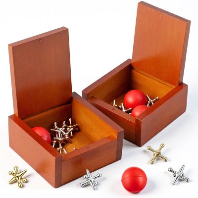 Hiboom 2 Pack Metal Jacks Game with Balls in Keepsake Wooden Box, Vintage Jacks Game for Kids and Adults Nostalgic Floor Games Retro Old School Board Games for Family Night, Birthday Party Favor