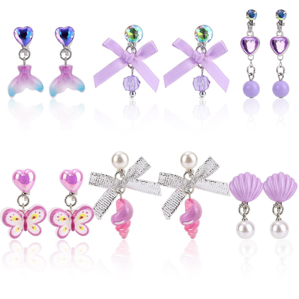 Mikovivi 6 Pairs Colorful Clip on Drop Earrings Set, Resin No Pierced Design Kids Child Dangle Earrings Cute Butterfly Ear Clips for Children Toddler Party Daily Wearing Princess Jewelry