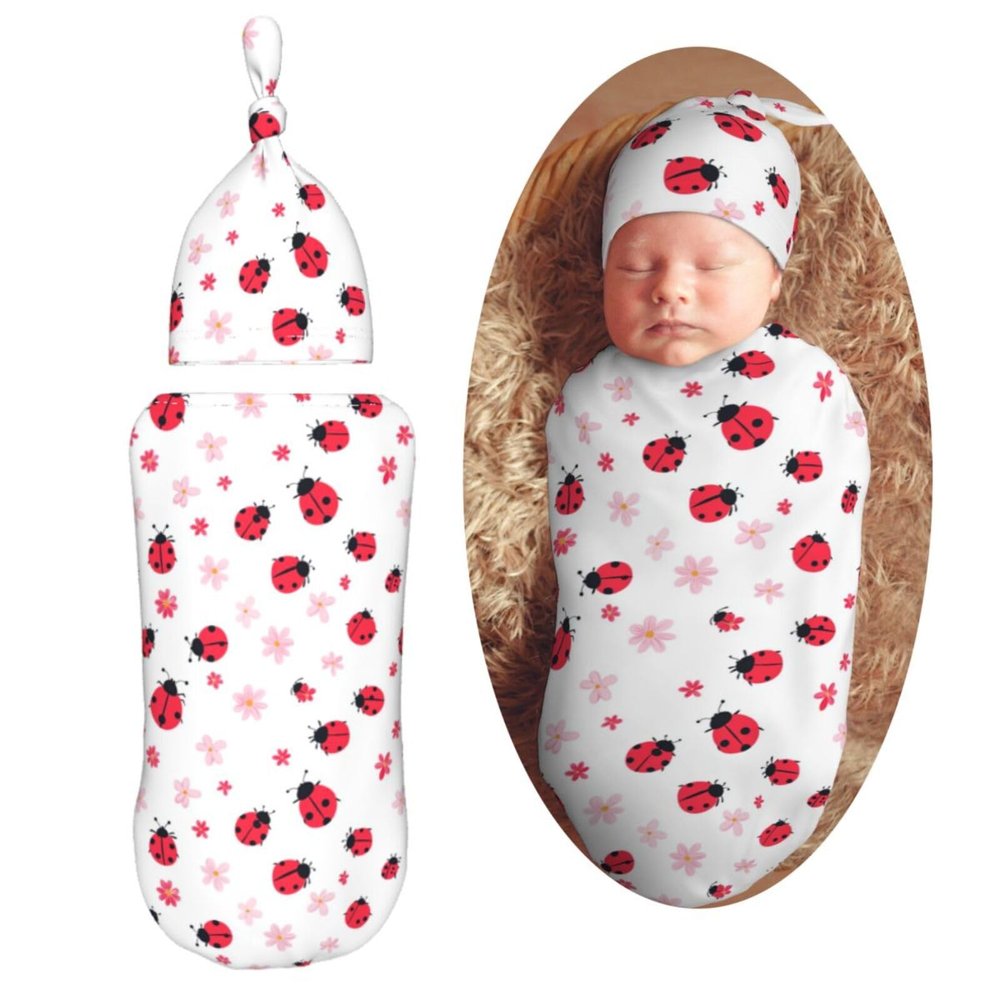Muishi Red Ladybugs and Flowers Newborn Swaddle Blankets Hat Sets Soft Baby Receiving Blanket Swaddle Sack for Baby Shower Infant Boy Girl Gift
