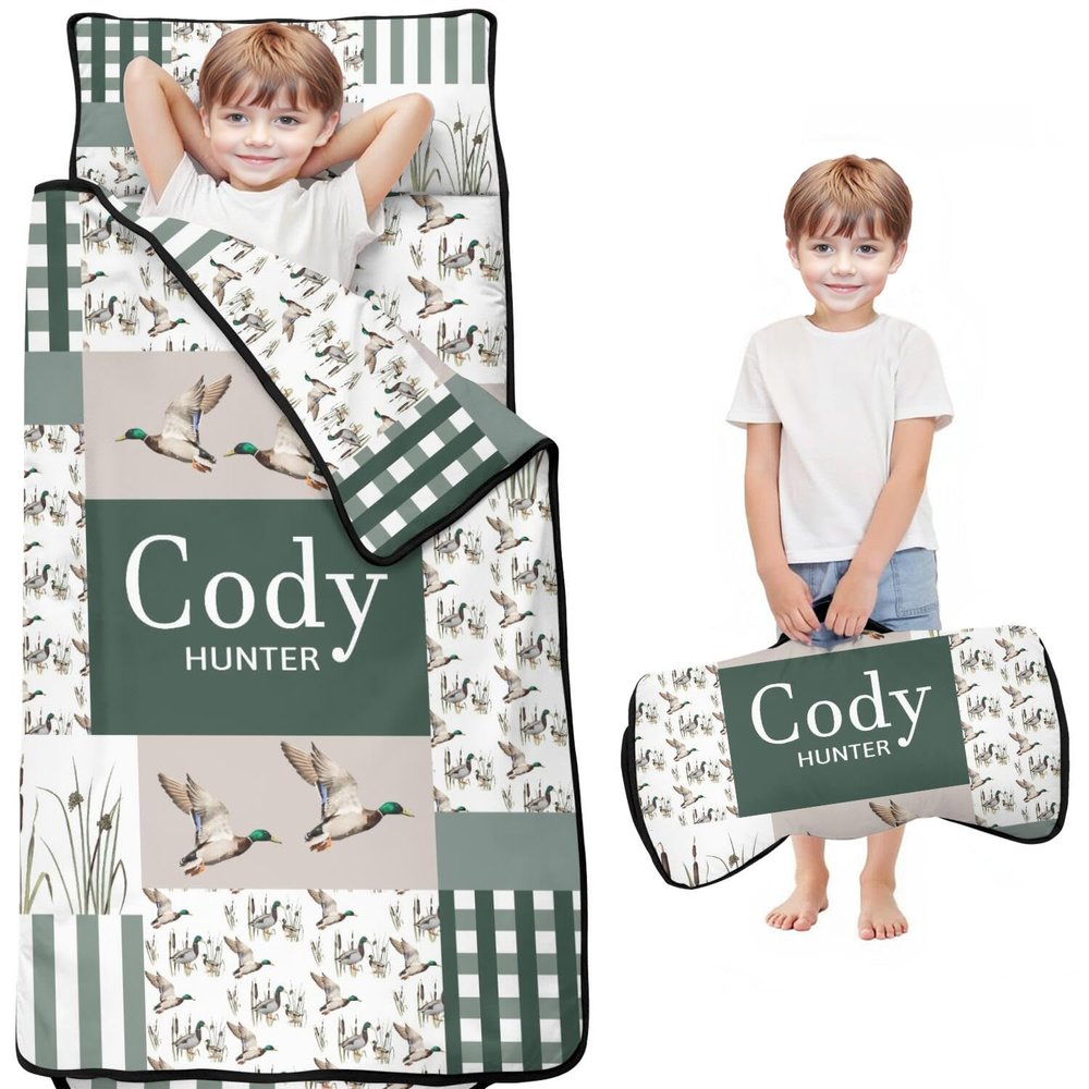 Personalized Toddler Nap Mat for Boys and Girls Custom Name Wild Ducks Sleeping Bag with Pillow & Blanket Soft & Portable for Daycare, Preschool & Kindergarten