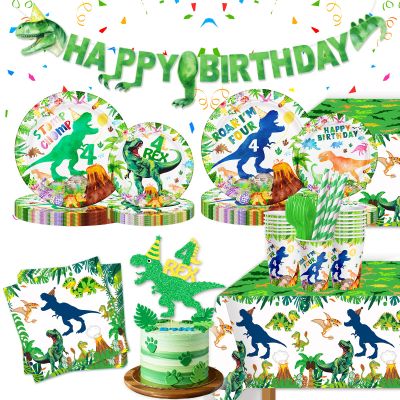 148ps Roar Im Four Dinosaur 4th Birthday Decorations Boy Dinosaur 4th Bday Tableware Jungle T-rex 4 Rex Dino Plates Napkins Cups Banner Tablecloth Dino Party Supplies Decor Serve 24