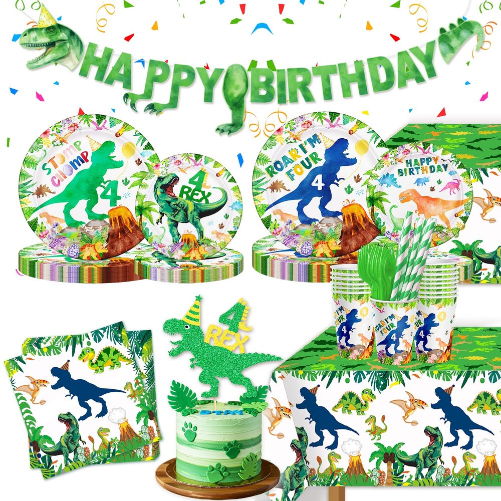 148ps Roar Im Four Dinosaur 4th Birthday Decorations Boy Dinosaur 4th Bday Tableware Jungle T-rex 4 Rex Dino Plates Napkins Cups Banner Tablecloth Dino Party Supplies Decor Serve 24