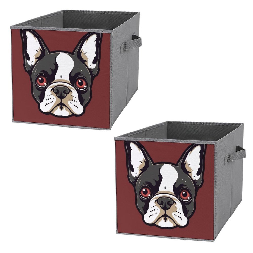 2PCS Collapsible Storage Bins with Dual Handles Fabric Storage Basket Foldable Cubes Organizer Baskets Cartoon Boston Terrier Face Storage Boxes for Organizing Clothing Cube Storage Organizer Bins