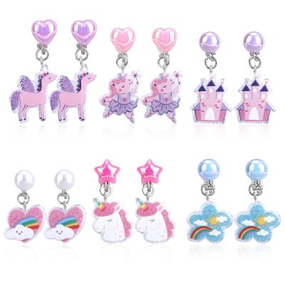 Mikovivi 6 Pairs Colorful Clip on Drop Earrings Set, Resin No Pierced Design Kids Child Dangle Earrings Cute Butterfly Ear Clips for Children Toddler Party Daily Wearing Princess Jewelry