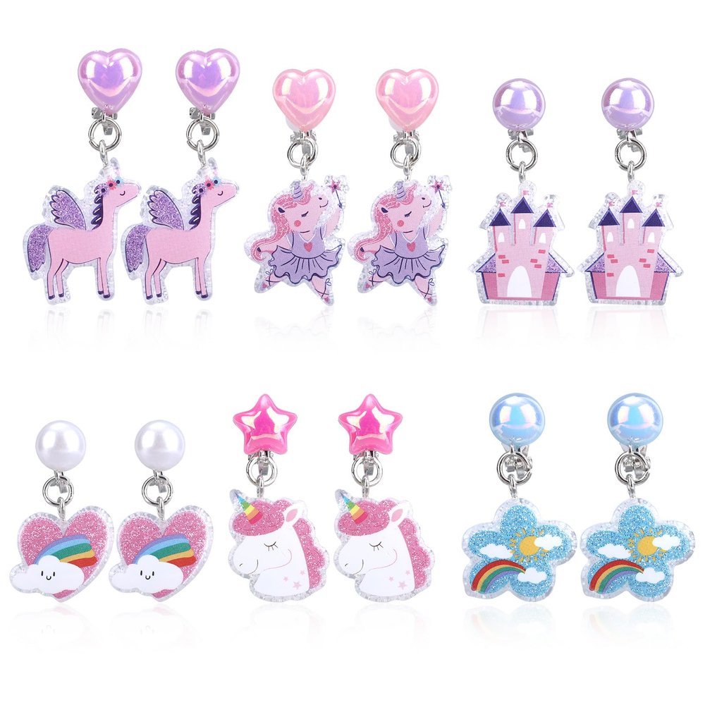Mikovivi 6 Pairs Colorful Clip on Drop Earrings Set, Resin No Pierced Design Kids Child Dangle Earrings Cute Butterfly Ear Clips for Children Toddler Party Daily Wearing Princess Jewelry