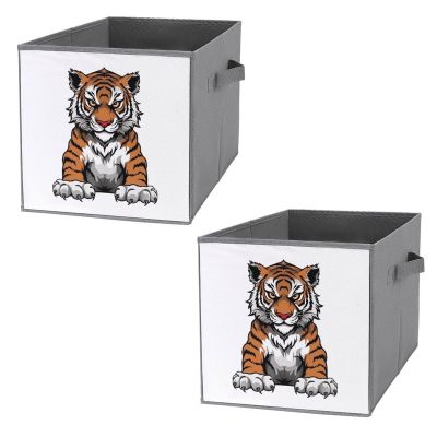 2PCS Collapsible Storage Bins with Dual Handles Fabric Storage Basket Foldable Cubes Organizer Baskets Tiger Head with Raised Paws Storage Boxes for Organizing Clothing Cube Storage Organizer Bins