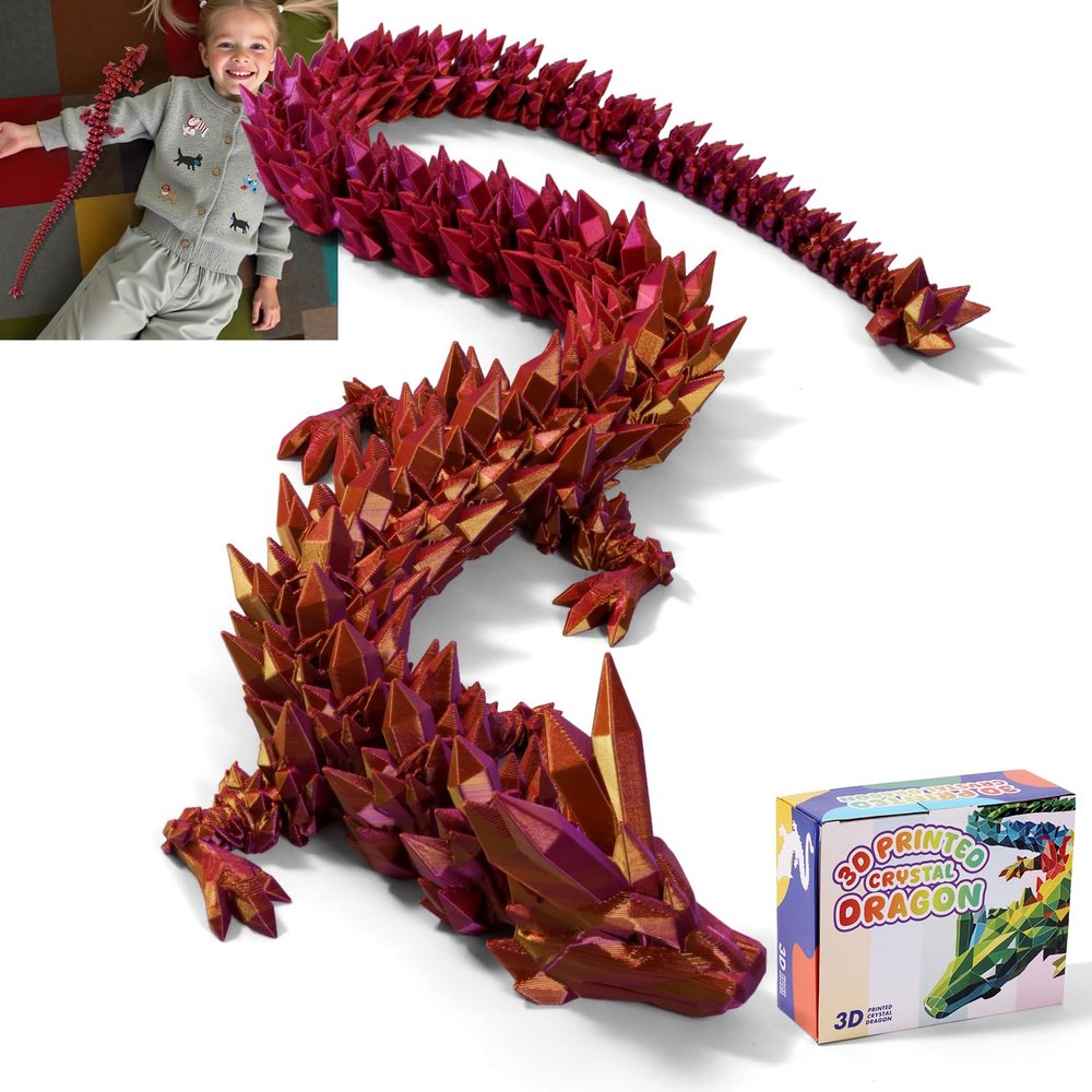 TXB3DOK 24 Inch Large 3D Printed Dragon Bigger Fidget Animals Toys, Oversized Flexible Articulated Crystal Fidget Toy, Huge 3D Printed Dragon Gift for Desk and Home Decor (Purple Gold, 24 inch)