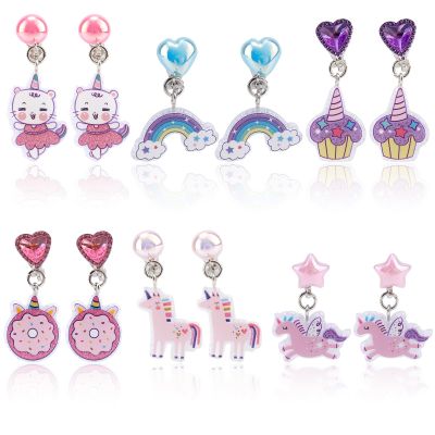 Mikovivi 6 Pairs Colorful Clip on Drop Earrings Set, Resin No Pierced Design Kids Child Dangle Earrings Cute Butterfly Ear Clips for Children Toddler Party Daily Wearing Princess Jewelry