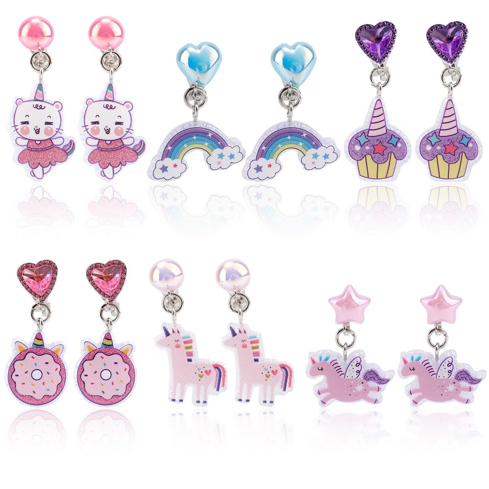 Mikovivi 6 Pairs Colorful Clip on Drop Earrings Set, Resin No Pierced Design Kids Child Dangle Earrings Cute Butterfly Ear Clips for Children Toddler Party Daily Wearing Princess Jewelry
