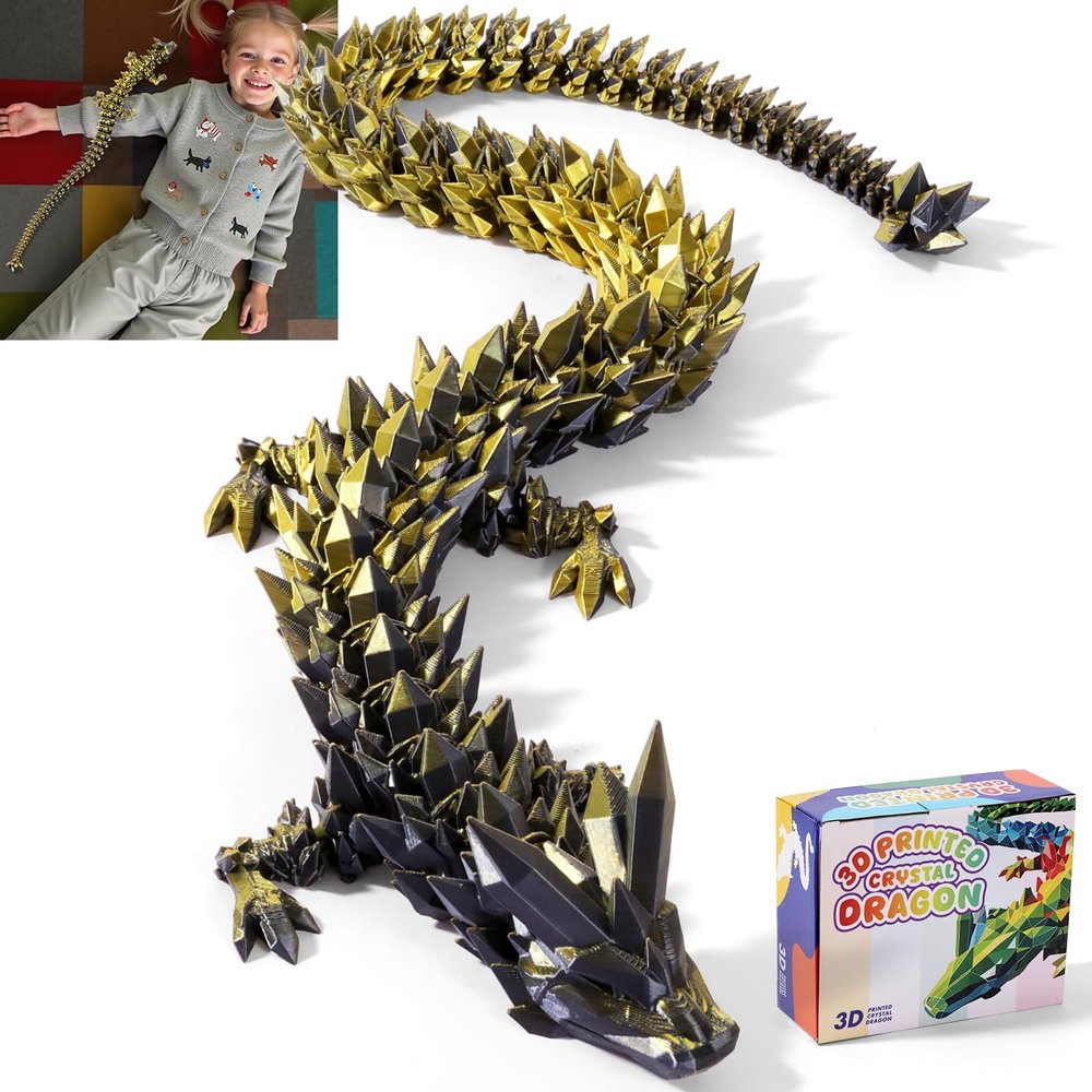 TXB3DOK 31.5" Large 3D Printed Dragon Bigger Fidget Animals Toys, Oversized Flexible Articulated Crystal Fidget Toy, Huge 3D Printed Dragon Gift for Desk and Home Decor (Black Gold, 31.5 inch)
