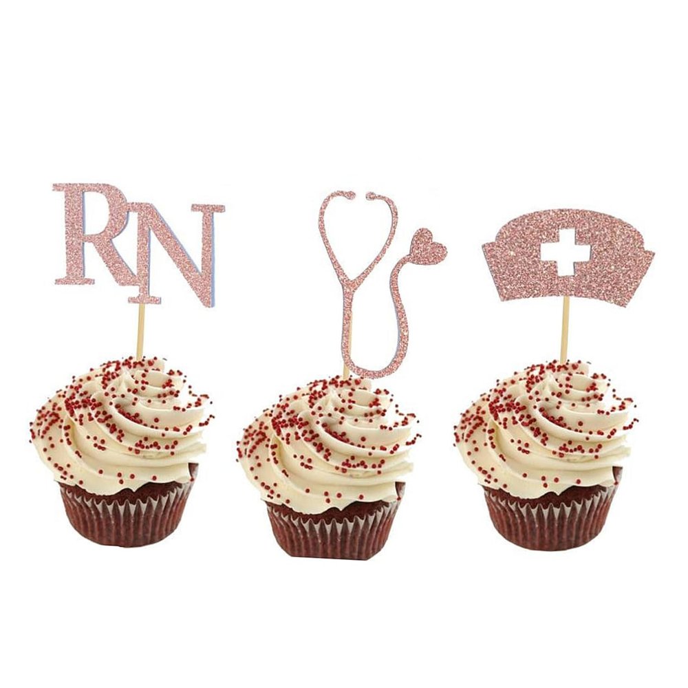 Hemobllo 24pcs Nurse Cupcake Decor Creative Nursing School Cake Picks Rose Gold Party Cupcake Toppers Styles Each for Nurse Graduation Celebrations