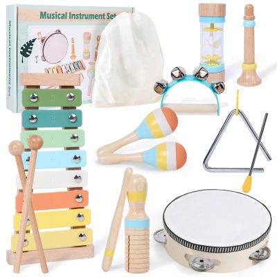 Baby Musical Instruments Wooden Montessori Toys for Toddlers 1-3, Neutral Colors Boho Wooden Montessori Toys Xylophone Instruments Set with Storage Bag for 1 2 3 Year Old Kids Baby Toddlers Boys Girls