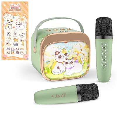 J&D Mini Karaoke Machine for Kids Adults, Portable Bluetooth Speaker with 2 Wireless Mics and Cat Sticker for Girls Boys Age 310 Birthday Gifts Princess Toys, Colorful LED, Green
