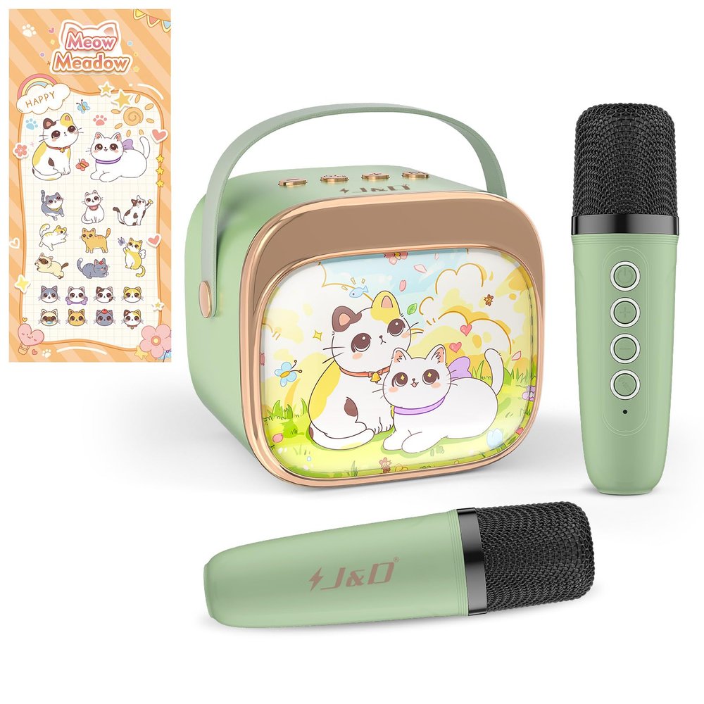 J&D Mini Karaoke Machine for Kids Adults, Portable Bluetooth Speaker with 2 Wireless Mics and Cat Sticker for Girls Boys Age 310 Birthday Gifts Princess Toys, Colorful LED, Green