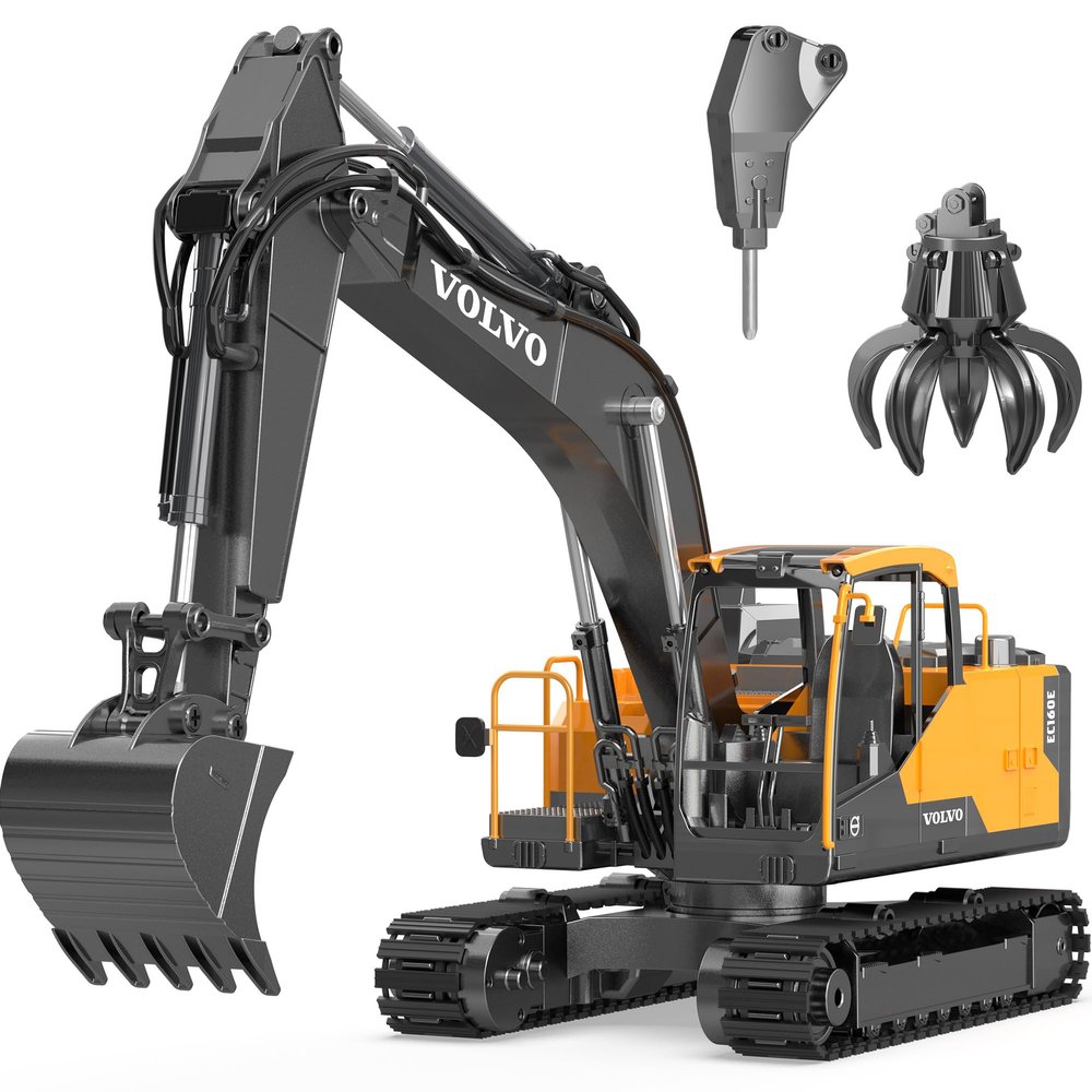 DOUBLE E Volvo 1:16 Scale RC Excavator 3-in-1 Construction Toys with 360 Rotation, Metal Shovel, Drill & Grabber Professional Grade Remote Control Engineering Vehicle