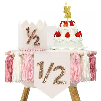 1/2 Birthday Girl, Half Birthday Decorations, 6 Month High Chair Banner, Bling Party Decorations Set With Handmade Cake Candle Crown Hat (Pink)