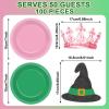 100 Pcs Pink and Green Party Supplies Halloween Witch Paper Plates and Napkins Crown Witch Hat Shape Napkin Disposable Dessert Cake Tableware Set for Women Girls Birthday Baby Shower Party Decorations view 2