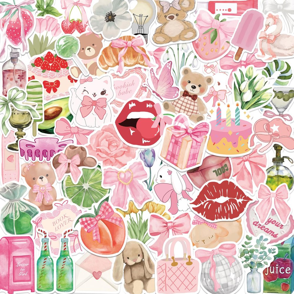 100pcs Pink Coquette Stickers Sage Green Aesthetic Sticker Bow Girly Stickers for Girl Pink and Sage Green Party Favors Vinyl Waterproof Sticker