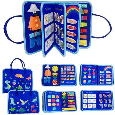ailov Montessori Toys Busy Board for Girl Boy Christmas Birthday Gifts for Grandkids, Preschool Sensory Learning Toys for Kids, Felt Quiet Book Blue Dinosaur, Travel Toy Educational Activities