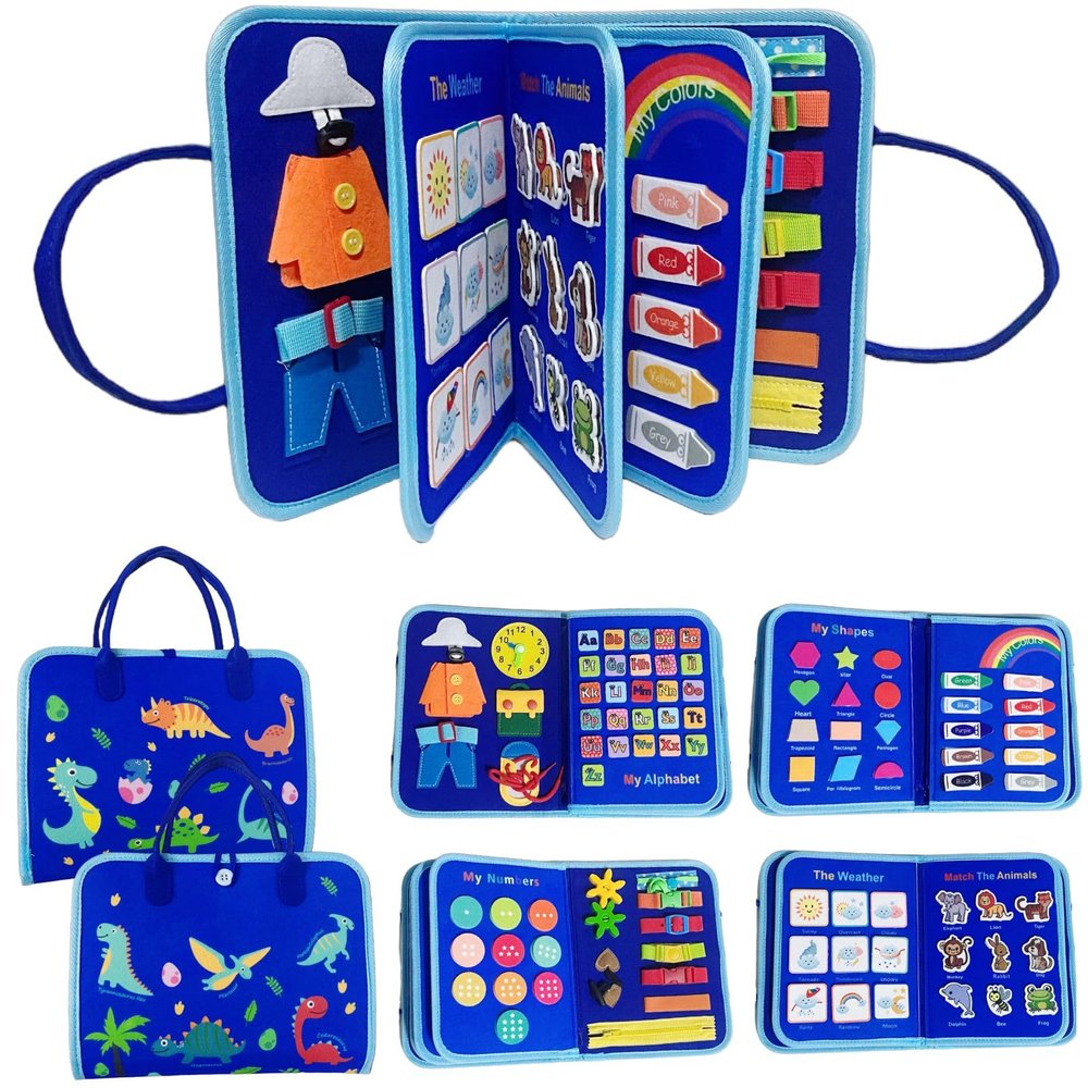 ailov Montessori Toys Busy Board for Girl Boy Christmas Birthday Gifts for Grandkids, Preschool Sensory Learning Toys for Kids, Felt Quiet Book Blue Dinosaur, Travel Toy Educational Activities