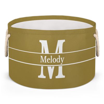 Personalized Name Round Storage Basket, Olive with Initial Letter Storage Bins Toys Clothes Blanket Snacks Organizer for Bedroom, Kitchen, Bathroom, Nursery, Shelves, Closets