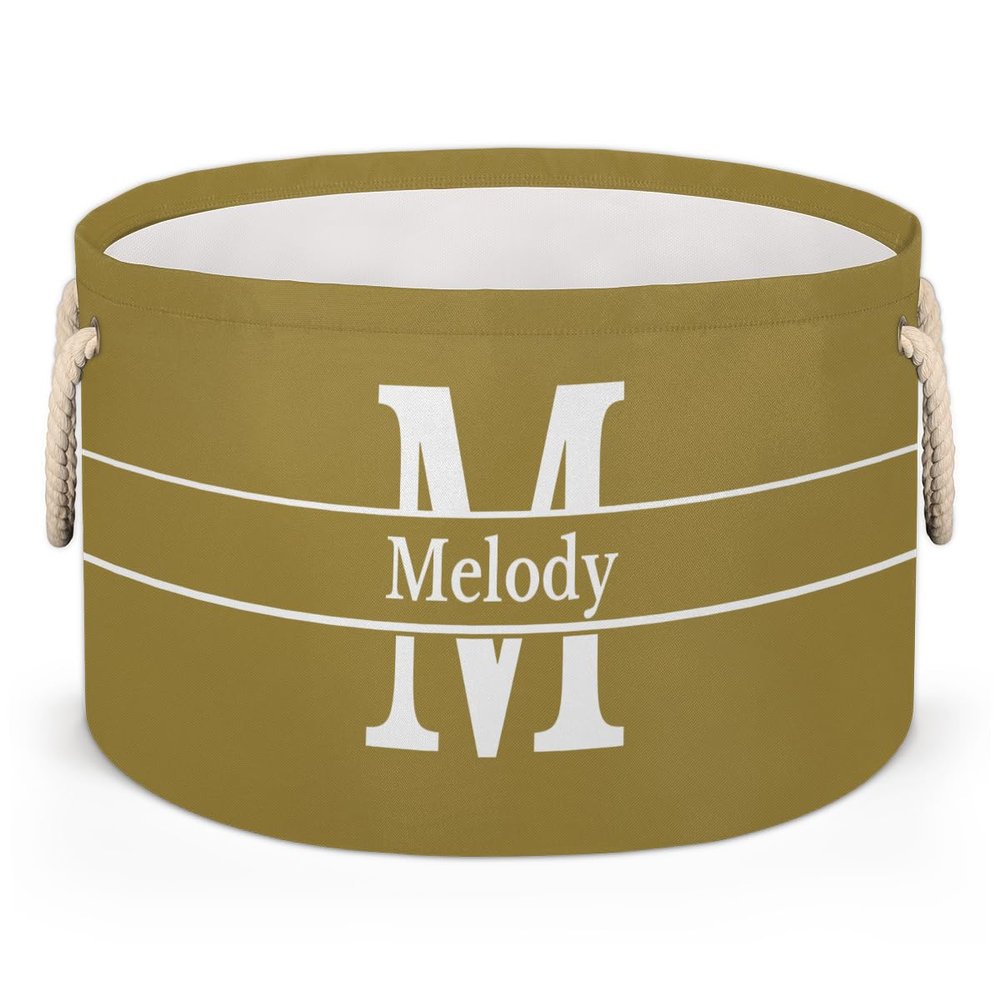 Personalized Name Round Storage Basket, Olive with Initial Letter Storage Bins Toys Clothes Blanket Snacks Organizer for Bedroom, Kitchen, Bathroom, Nursery, Shelves, Closets