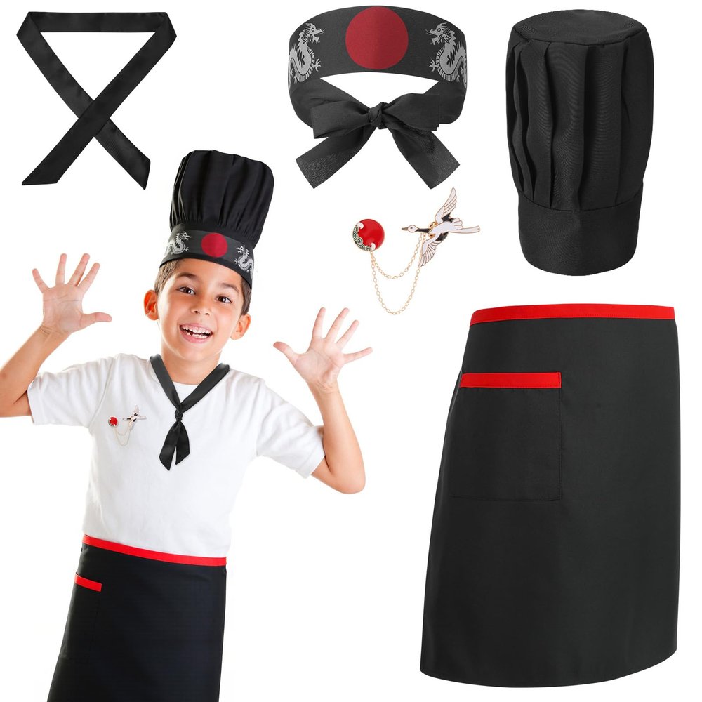 XLSXEXCL Hibachi Chef Hat and Apron Costume Set, Hibachi Party Decorations