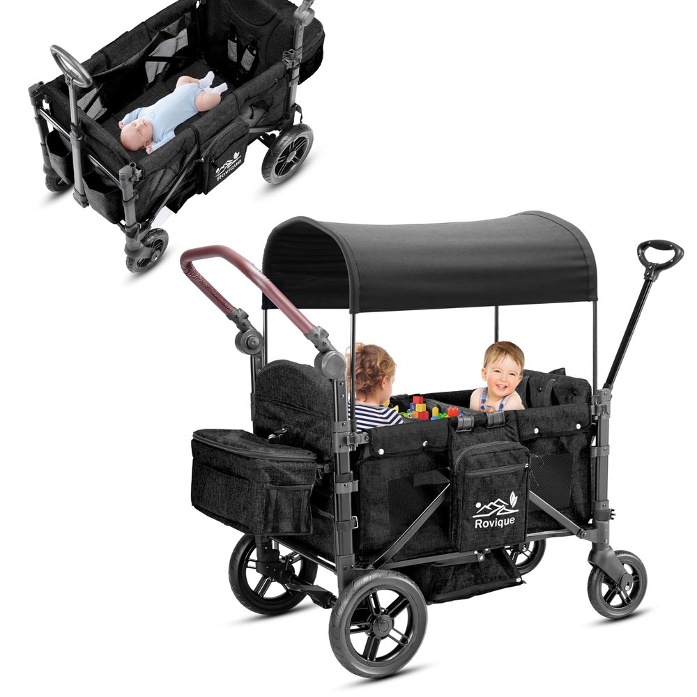 Rovique Stroller Wagon for 2 Kids,Premium Wagon for Kids with Removable Canopy,Snack Tray,All-Terrain PU Wheels & Adjustable Push/Pull Handle (Black)