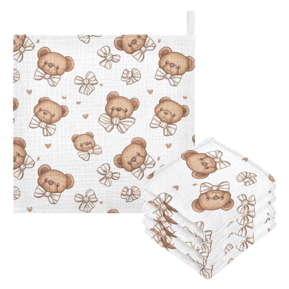 Baby Gauze Towels for Kids Soft Handkerchief Newborn 100% Cotton Bear Face Brown Absorbent 12x12 Inch 3 Pack