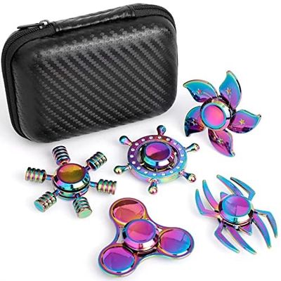 5 Pack Metal Fidget Spinners Pack Stress Relief Toys for Kids Adults, Rainbow Finger Hand Spinner Bulk Set Sensory Desk Toy, Cool Gadget Christmas Stocking Filler Stuffer Birthday Gifts Party Favor