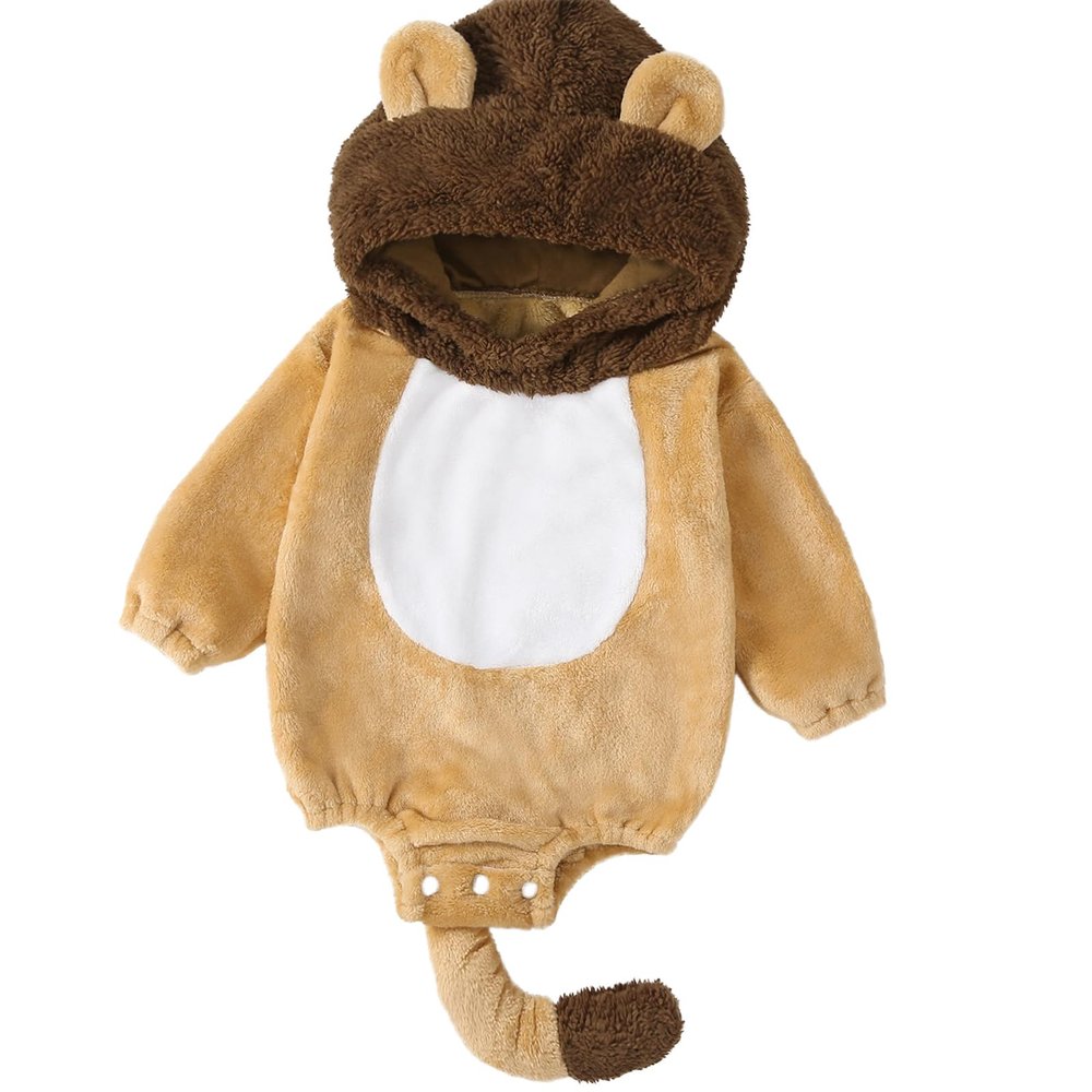 BABWWNIX Toddler Baby Boy Girl Halloween Animal Costume Fuzzy Warm Hooded Romper Funny Cosplay Zip-Up Jumpsuit Outfits Gifts (D-Khaki, 0-3 Months)