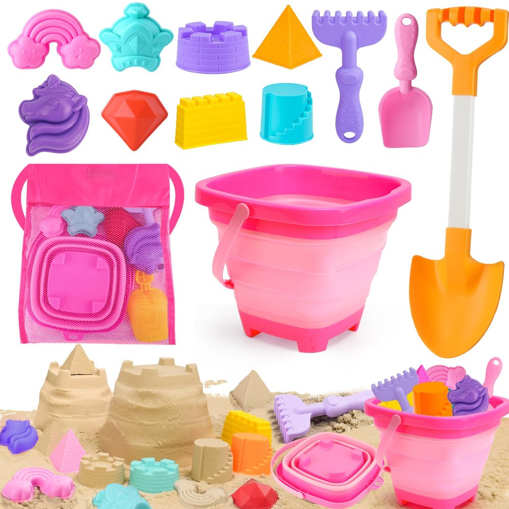 AuntyFey Collapsible Beach Toys for Kids Ages 4-8, Sand Toys for Toddlers Ages 3-4-8, Beach Toy Set with Collapsible Beach Buckets, Sandbox Toy for Kids