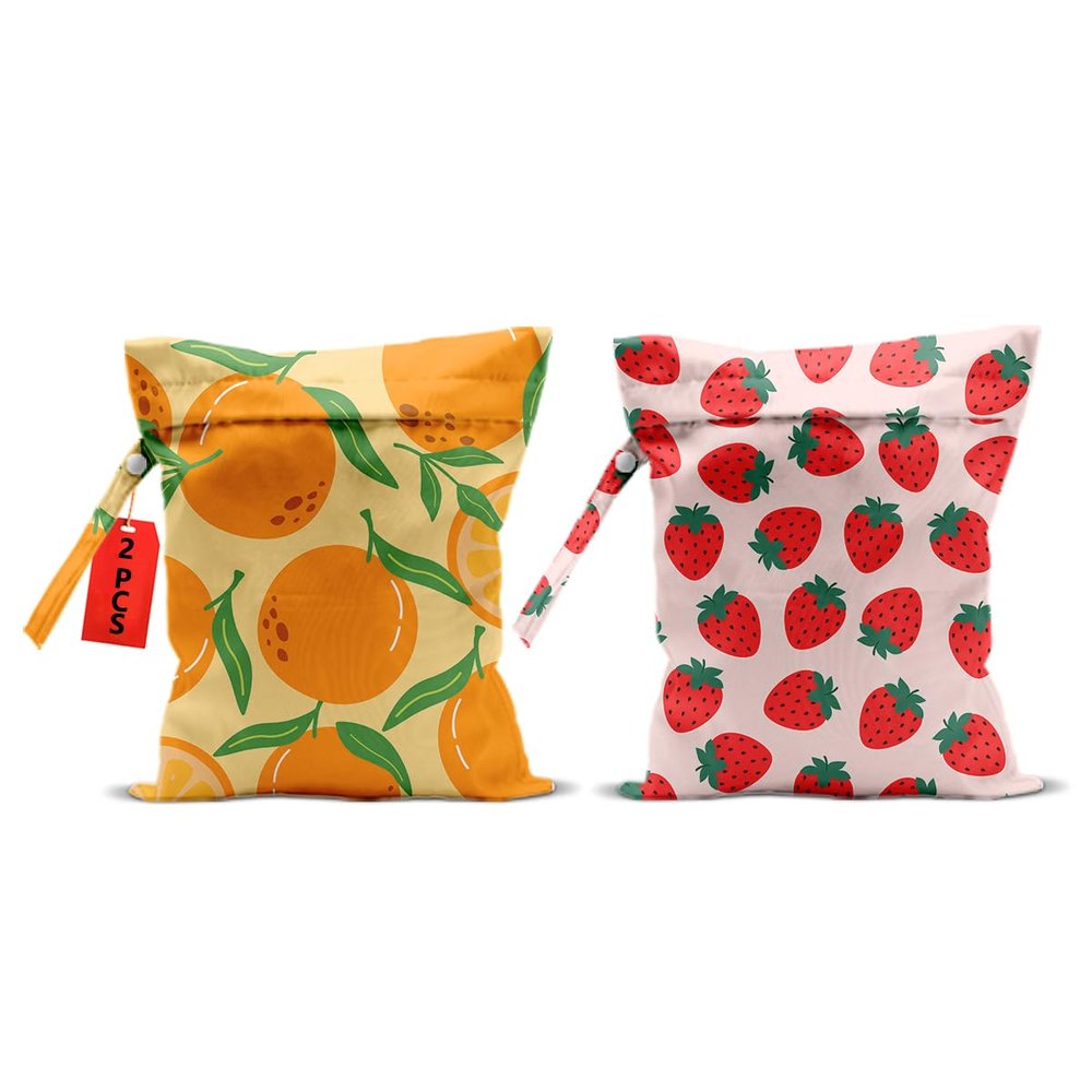 2Pcs Fruits Wet Bags 12x10 Inch, Strawberry Orange Waterproof Travel Laundry Bags, Reusable Wet Dry Bag for Swimsuit Beach Diapers Dirty Yoga Gym Clothes, Travel Gifts for Women Friend Travelers