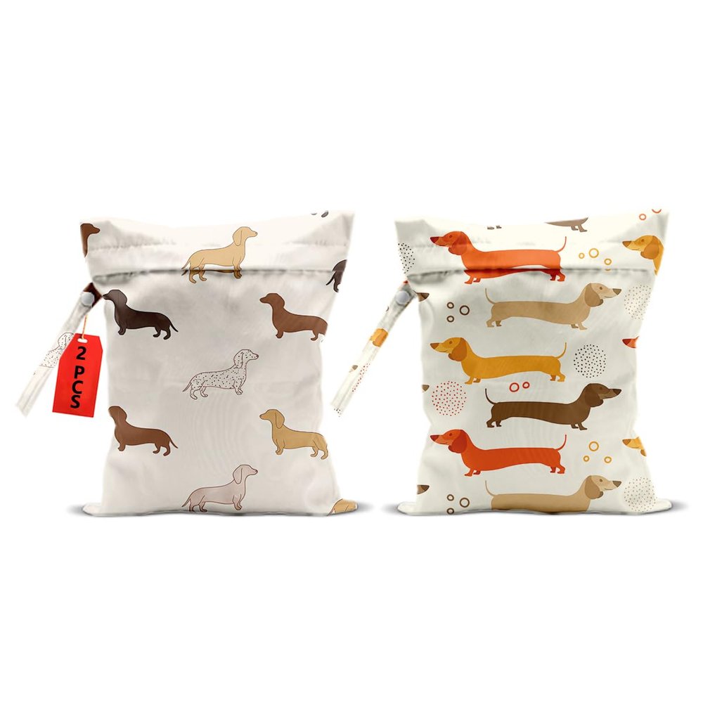 2Pcs Dog Wet Bags 12x10 Inch, Cute Dogs Waterproof Travel Laundry Bags, Washable Reusable Wet Dry Bag for Swimsuit Beach Diapers Dirty Yoga Gym Clothes, Dachshund Gifts for Women Friend Travelers