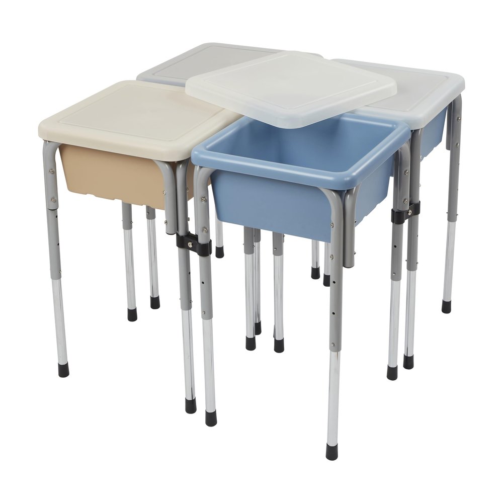 Back2School Express Quad Sensory Tables with Lids, Adjustable Table, Sand/Powder Blue