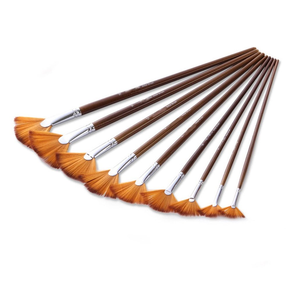 9 Pieces Fan Brushes Set Nylon Hair Wood Long Handle Paint Brush for Acrylic Watercolor Oil Painting Art Supplies for Artist