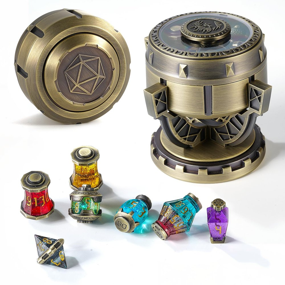 2026 DND Dice Set Alchemists Metallic Elixir Metal Dice Set - 7-Piece RPG MTG dice Collection in Vintage Chalice Caser dice Box for D&D, Sci-Fi, War, or Crime Theme MTG RPG Tabletop Games (Bronze)