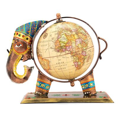 Decorative World Globe with Elephant Stand, Vintage Style Desktop Globe, Metal Art Showpiece for Home and Office