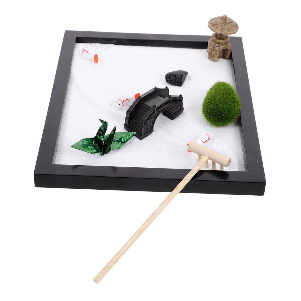 Yardwe Miniature Zen Garden Sand Table Decoration with Sand Rakes and Rocks for Desktop Meditation Stress Relief Indoor Landscape Decor Black