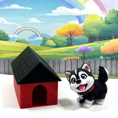 3D Printed Dog with Dog House, Articulated Baby Husky Chibi Edition Toy, Posable and Movable Head and Joints Animal, Fidget ADHD Autism Toy CH001-1X-RH